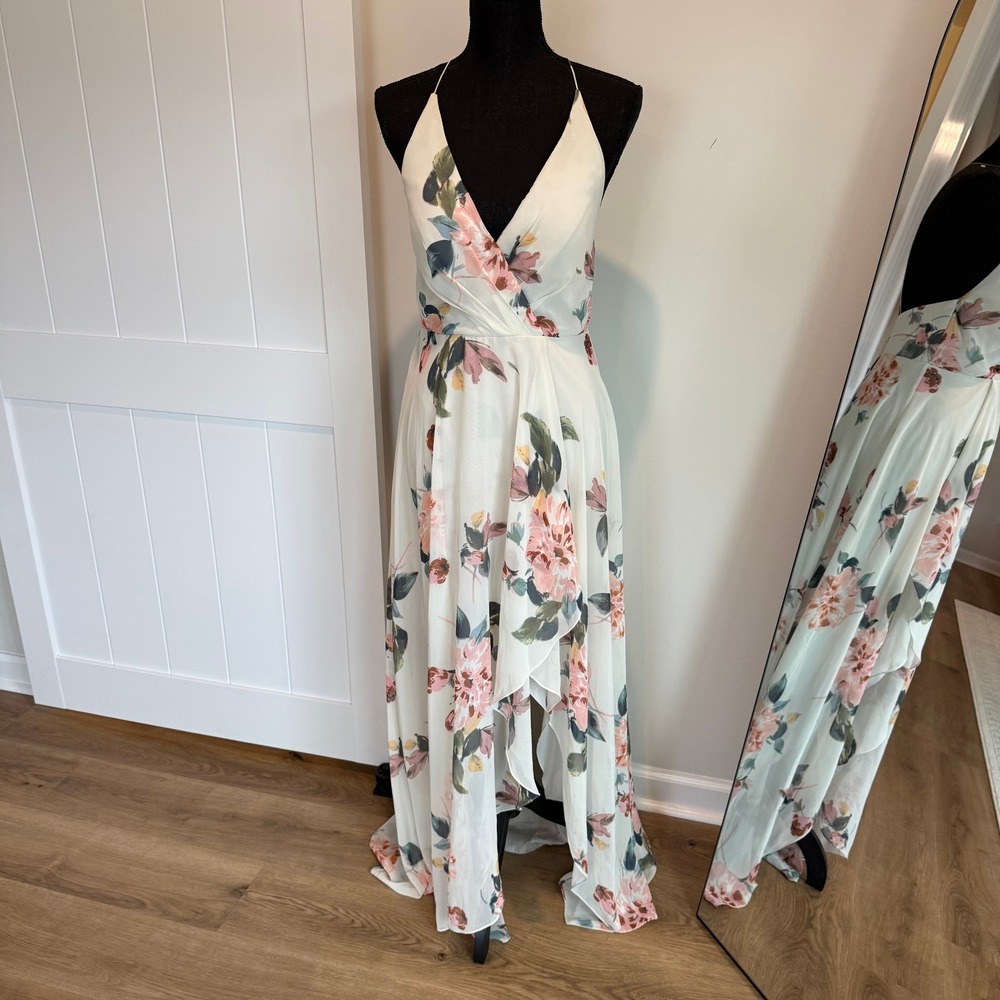 Jenny Yoo Collection Floral Chiffon High-Low Maxi Dress Ivory Pink Size 6